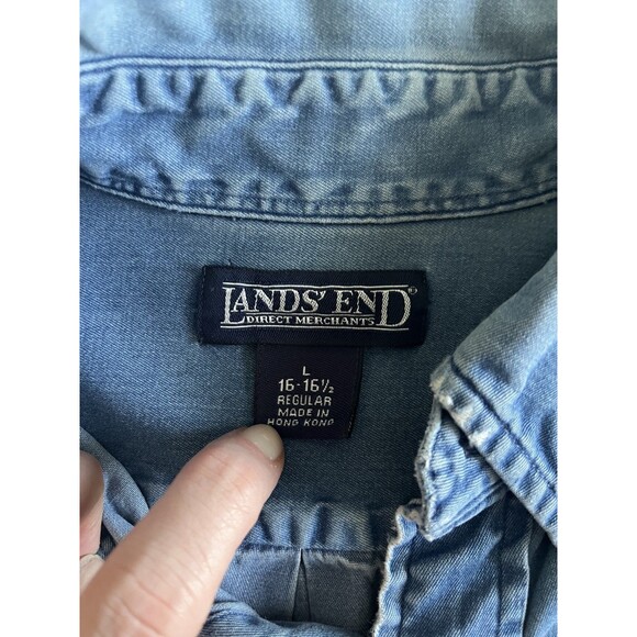 Vtg LANDS END Denim Jean Light Blue Chambray Casual Button Down Shirt 16.5 Large - Picture 8 of 12